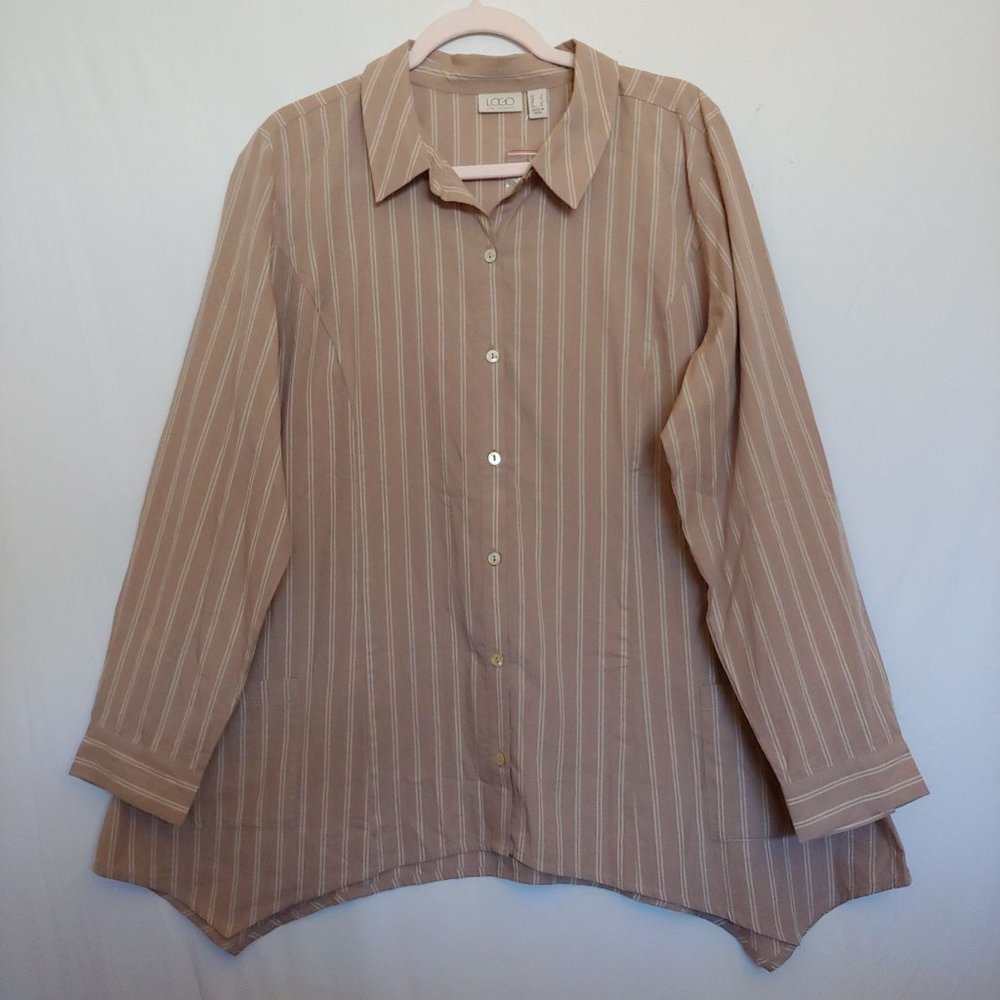 Logo by Lori Goldstein woven striped tan/white long sleeve button blouse L NWOT